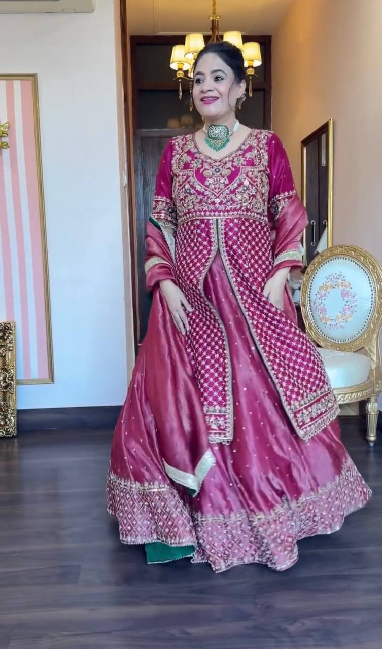 Designer Pink Color Chinon Silk Ready To Wear Lehenga Suit