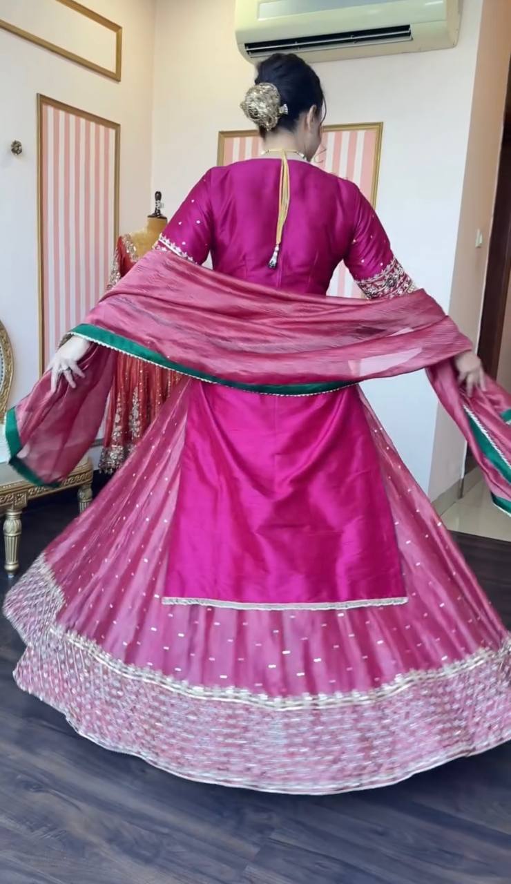 Designer Pink Color Chinon Silk Ready To Wear Lehenga Suit