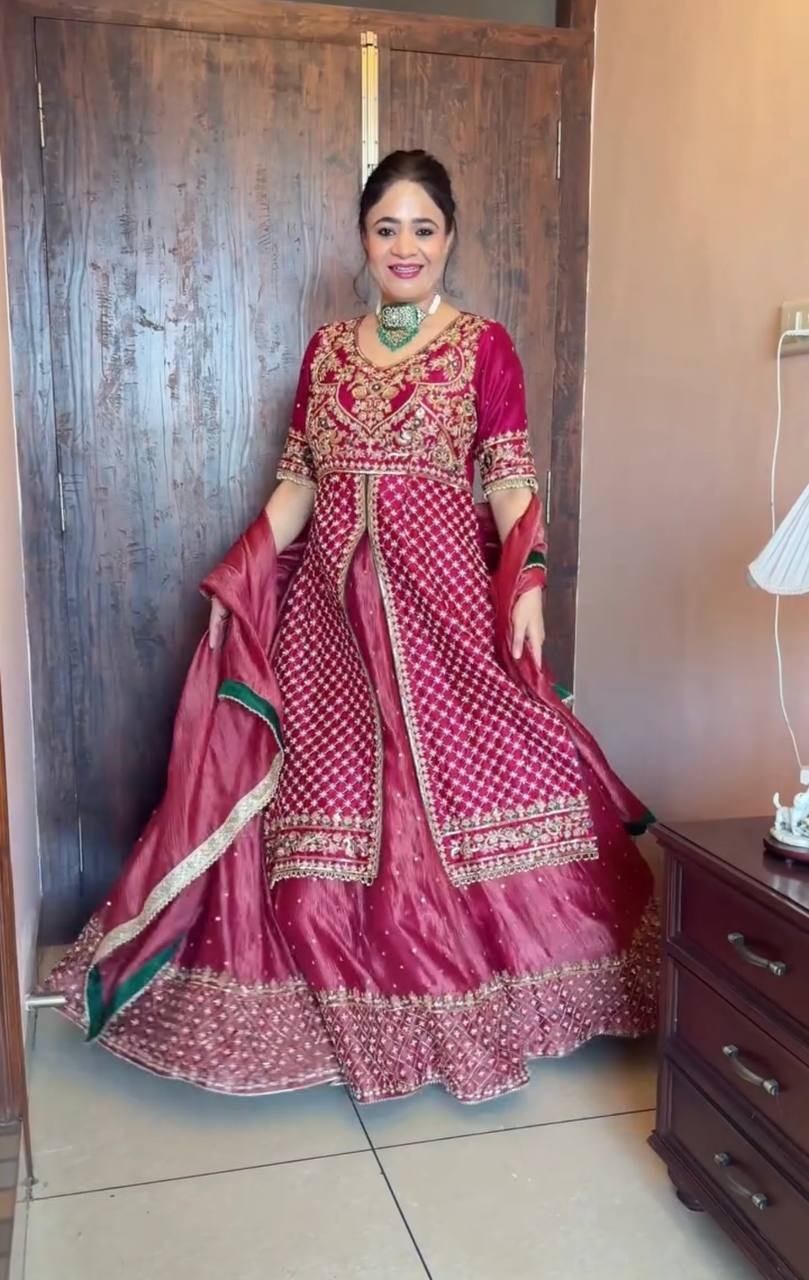 Designer Pink Color Chinon Silk Ready To Wear Lehenga Suit