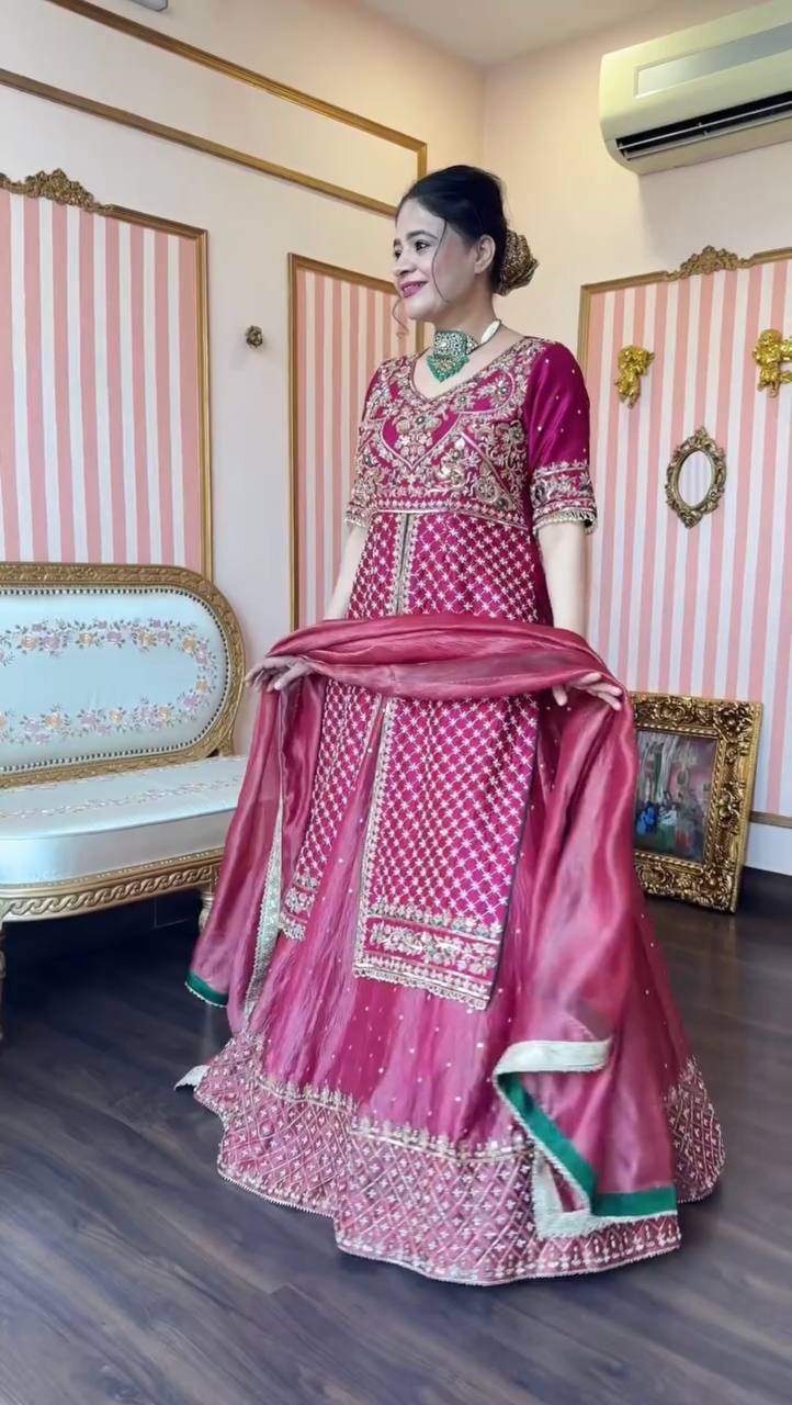 Designer Pink Color Chinon Silk Ready To Wear Lehenga Suit