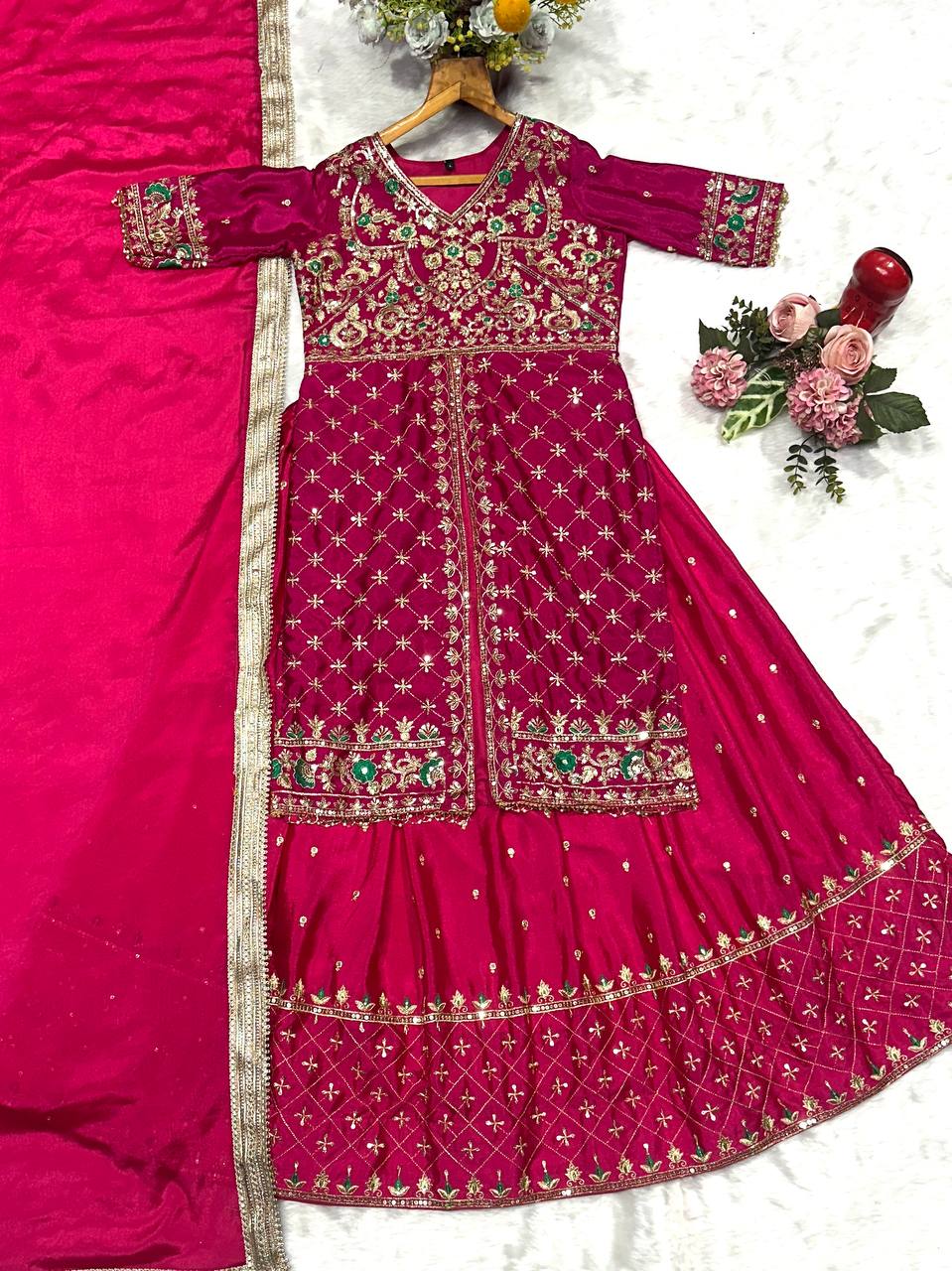 Designer Pink Color Chinon Silk Ready To Wear Lehenga Suit
