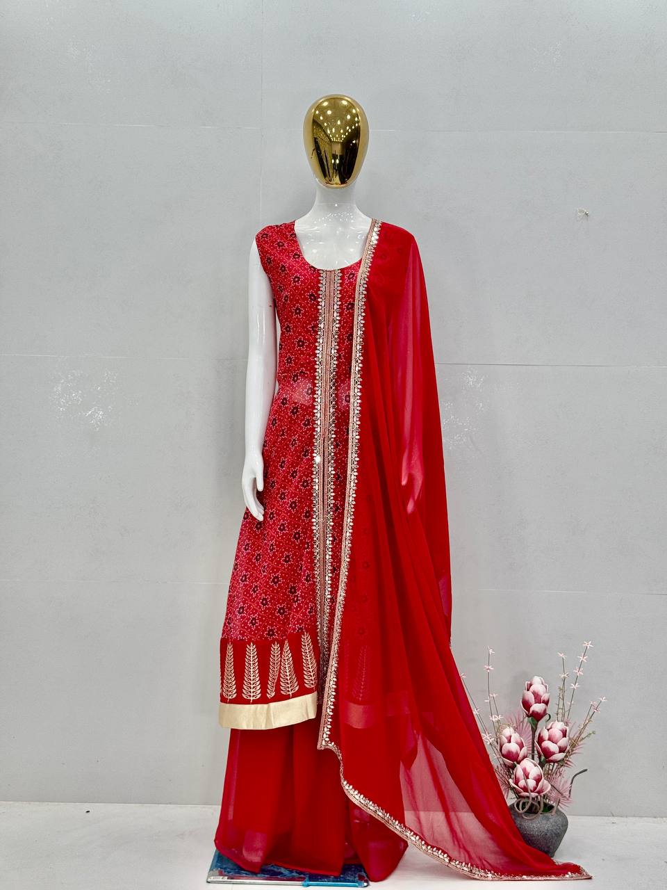 Stunning Red Color Heavy Faux Georgette Digital Print With Embroidery Work Palazzo Suit