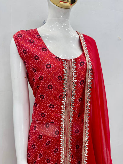 Stunning Red Color Heavy Faux Georgette Digital Print With Embroidery Work Palazzo Suit