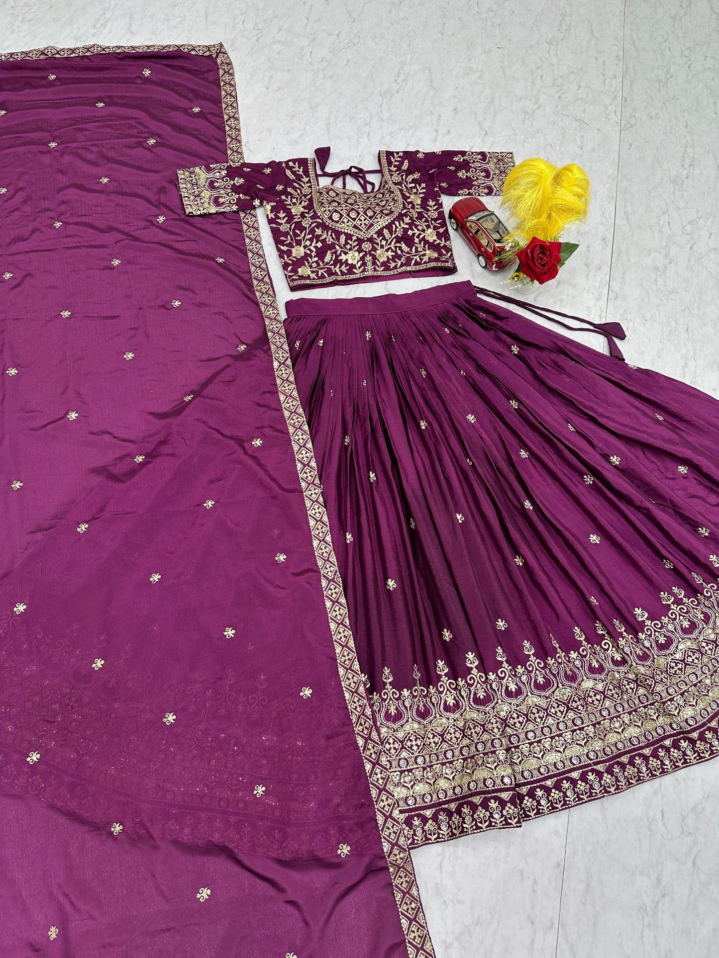 Bridal Wear Purple Color Chinon Heavy Embroidered Lehenga Set