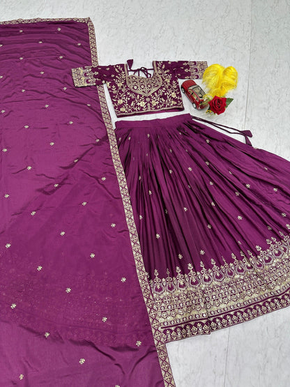 Bridal Wear Purple Color Chinon Heavy Embroidered Lehenga Set