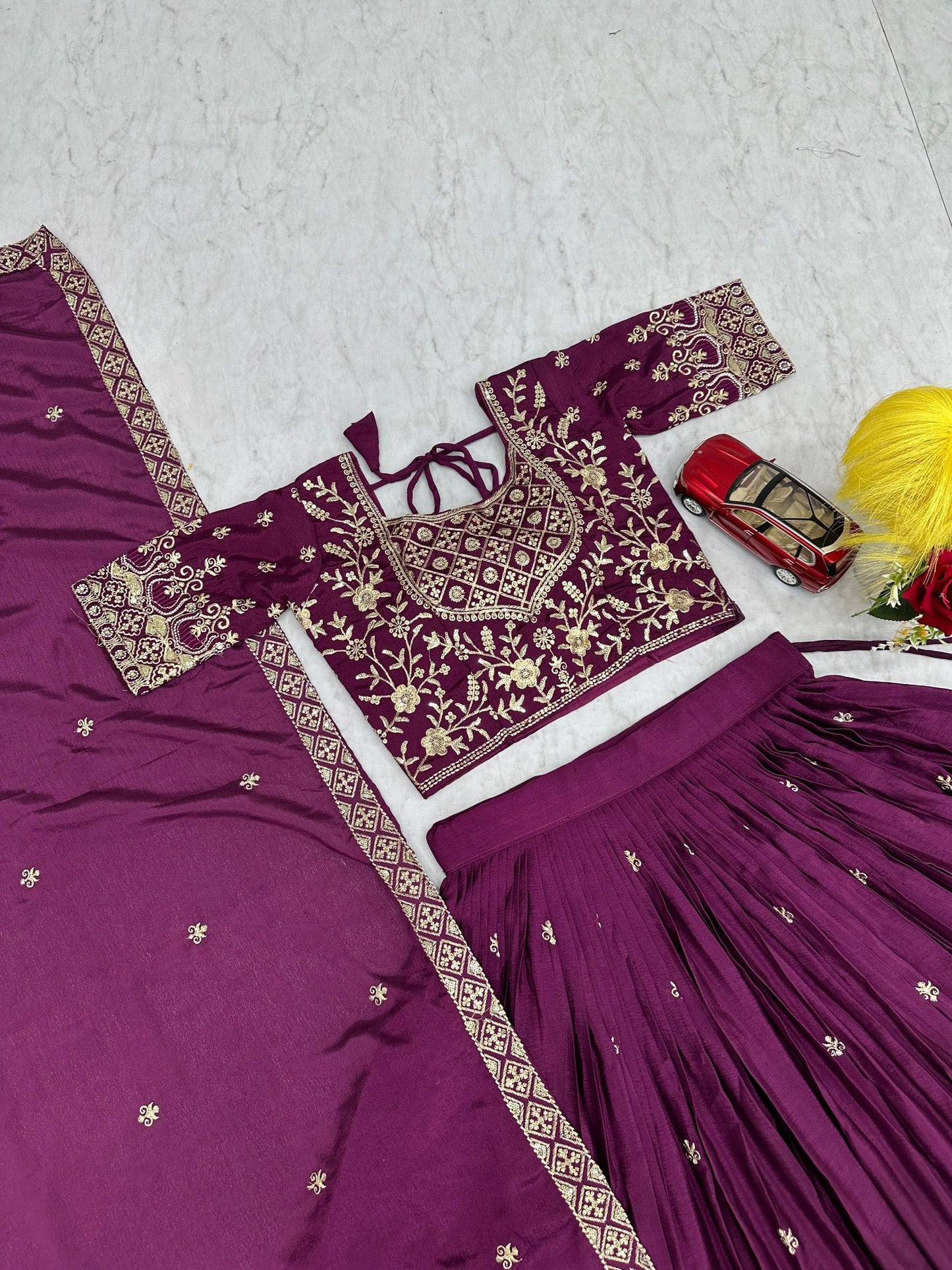 Bridal Wear Purple Color Chinon Heavy Embroidered Lehenga Set