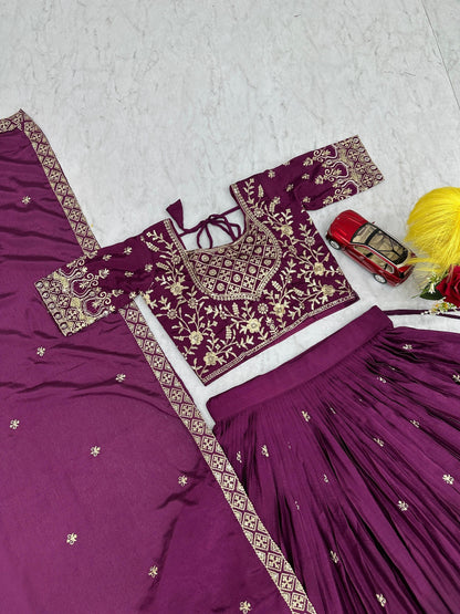Bridal Wear Purple Color Chinon Heavy Embroidered Lehenga Set