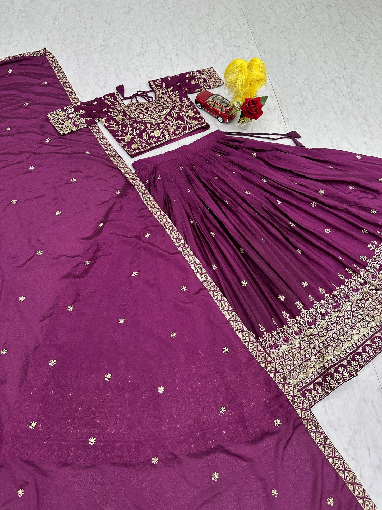 Bridal Wear Purple Color Chinon Heavy Embroidered Lehenga Set