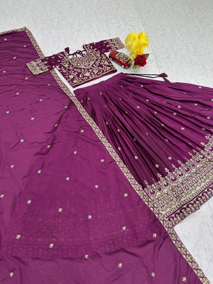 Bridal Wear Purple Color Chinon Heavy Embroidered Lehenga Set
