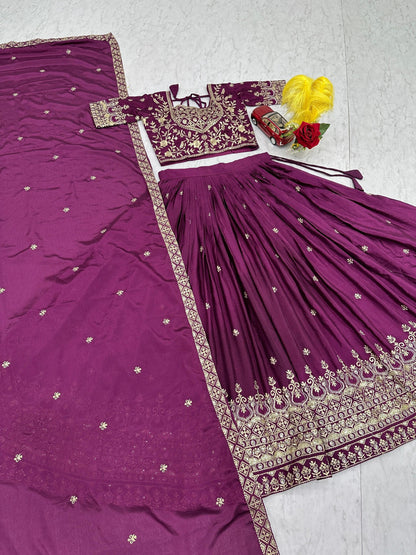 Bridal Wear Purple Color Chinon Heavy Embroidered Lehenga Set