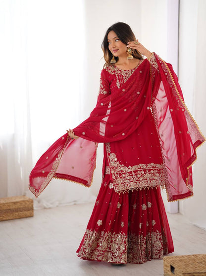 Arti Chauhan's Red Color Embroidery Work Sharara Suit