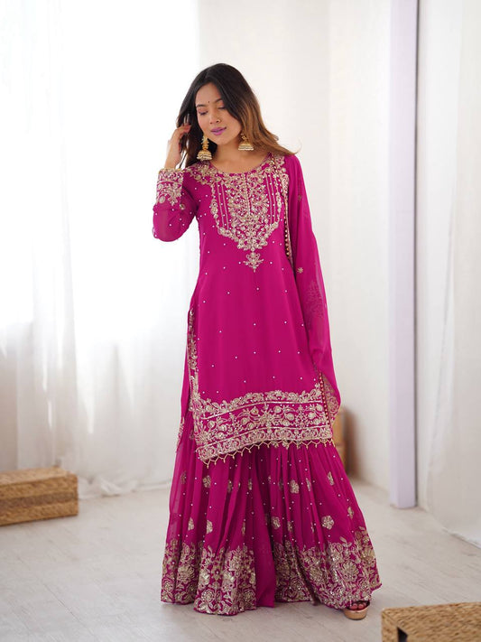 Arti Chauhan's Pink Color Embroidery Work Sharara Suit