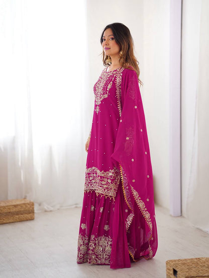 Arti Chauhan's Pink Color Embroidery Work Sharara Suit