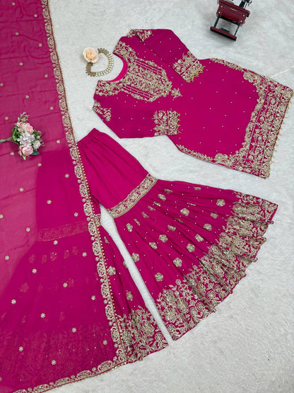 Arti Chauhan's Pink Color Embroidery Work Sharara Suit