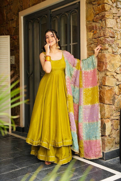 Elegant Mustard Color Chinon Silk Anarkali Set