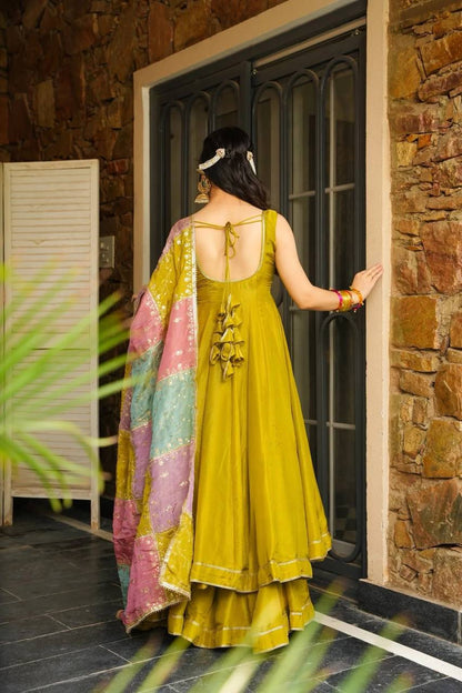 Elegant Mustard Color Chinon Silk Anarkali Set