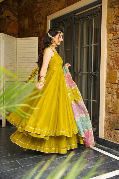 Elegant Mustard Color Chinon Silk Anarkali Set