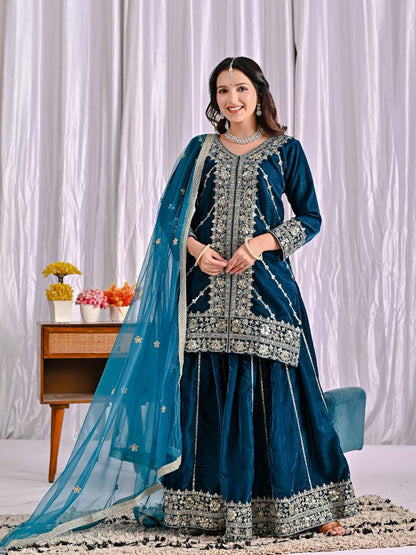 Festive Wear Teal Viscose Velvet Sharara Palazzo Suit Set