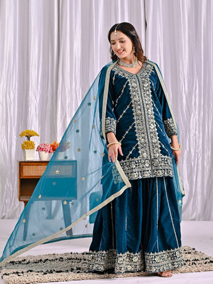 Festive Wear Teal Viscose Velvet Sharara Palazzo Suit Set