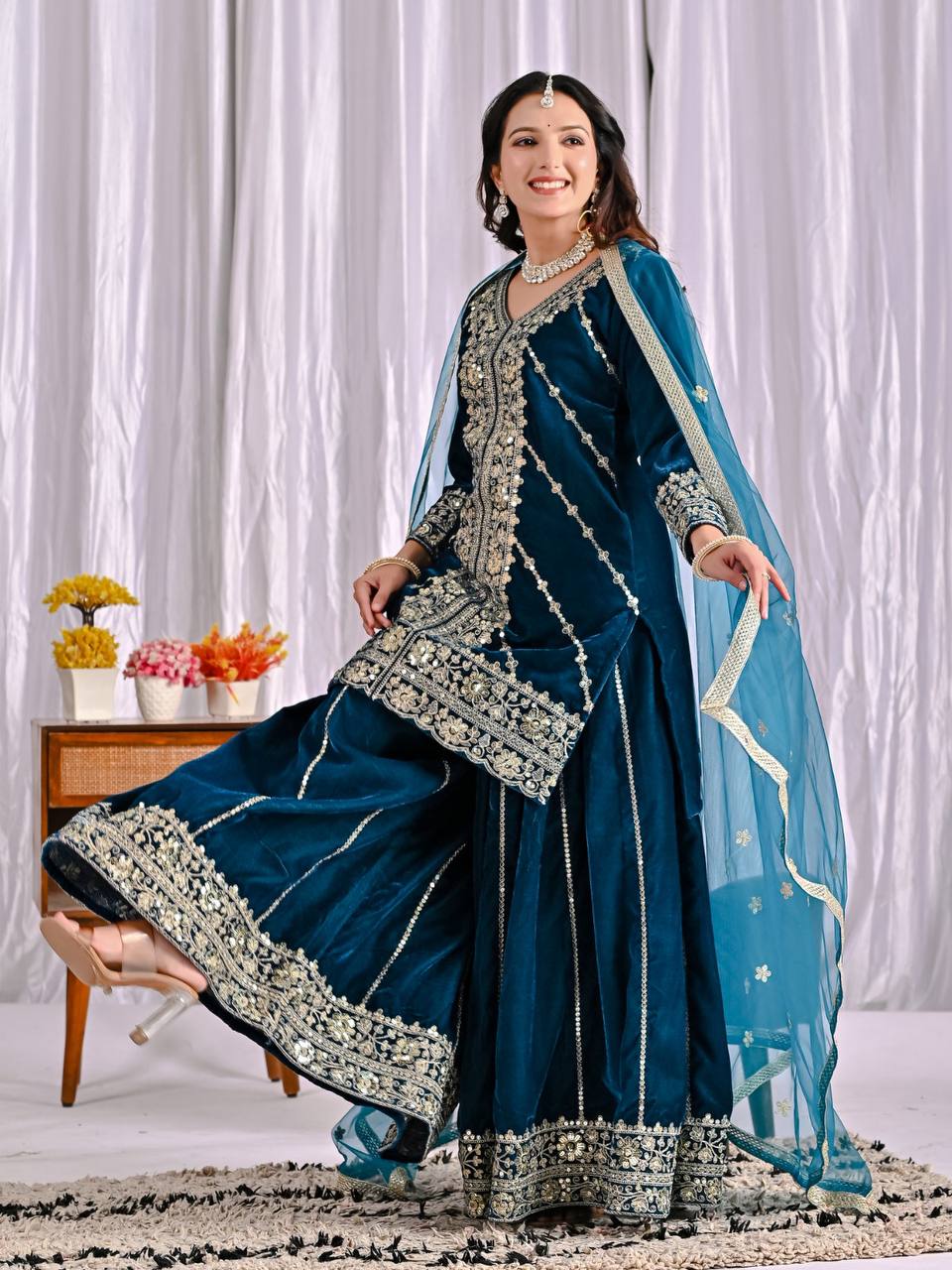 Festive Wear Teal Viscose Velvet Sharara Palazzo Suit Set