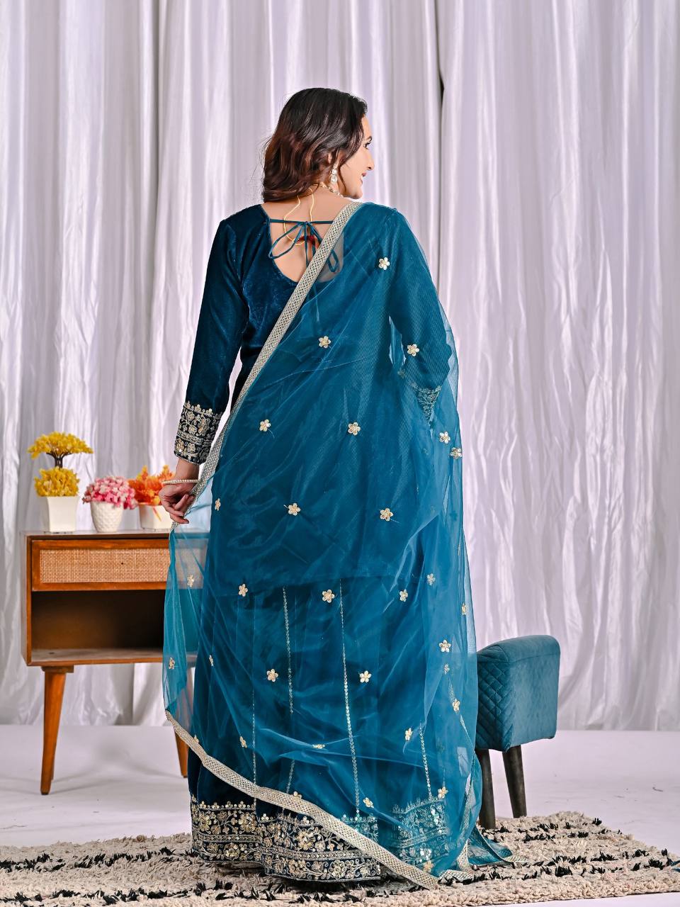 Festive Wear Teal Viscose Velvet Sharara Palazzo Suit Set