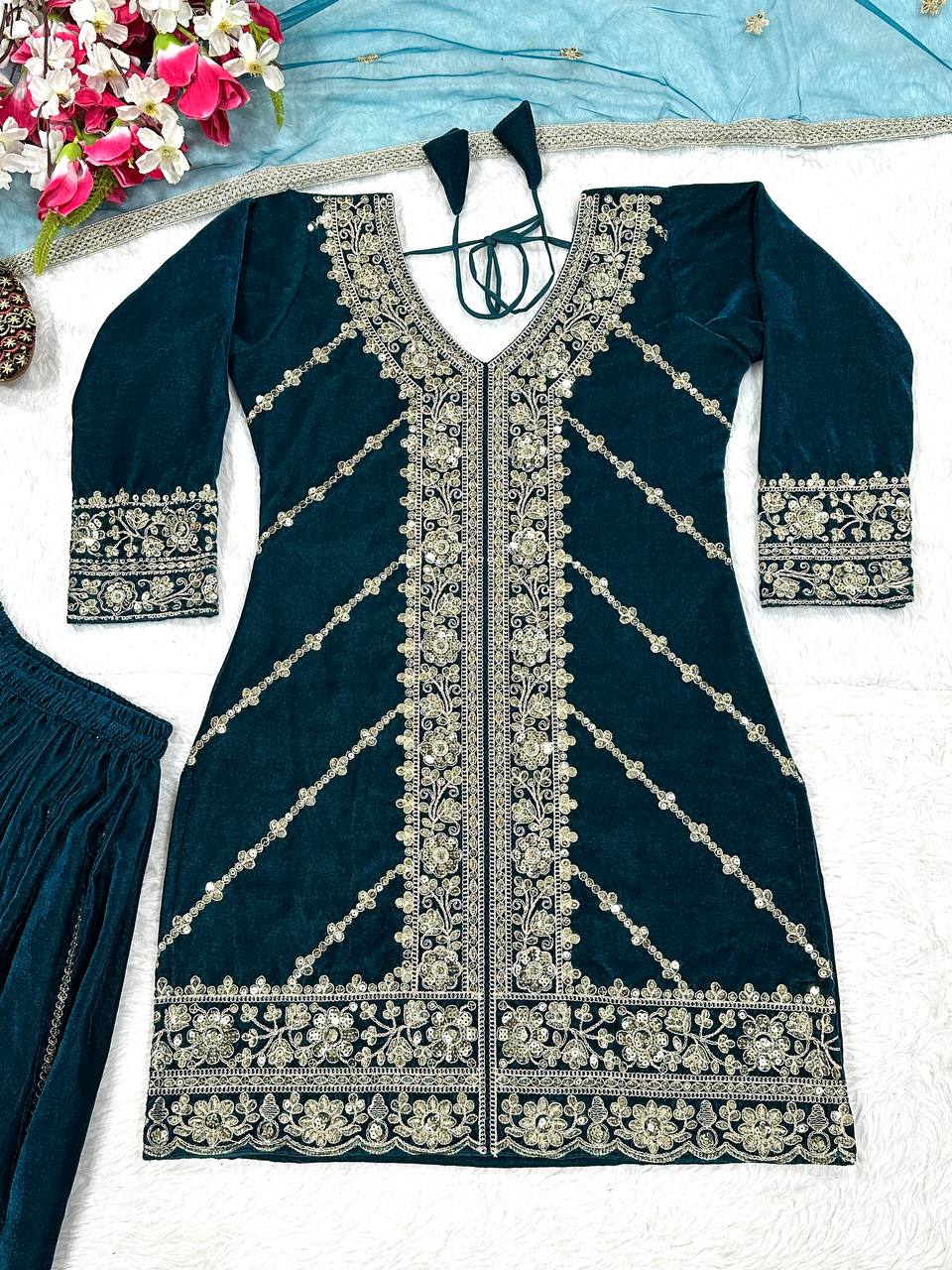 Festive Wear Teal Viscose Velvet Sharara Palazzo Suit Set
