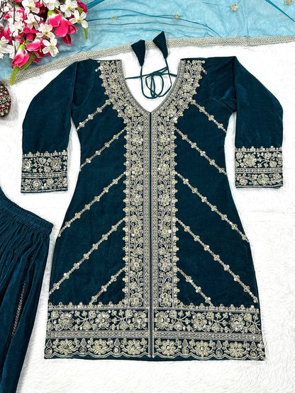Festive Wear Teal Viscose Velvet Sharara Palazzo Suit Set