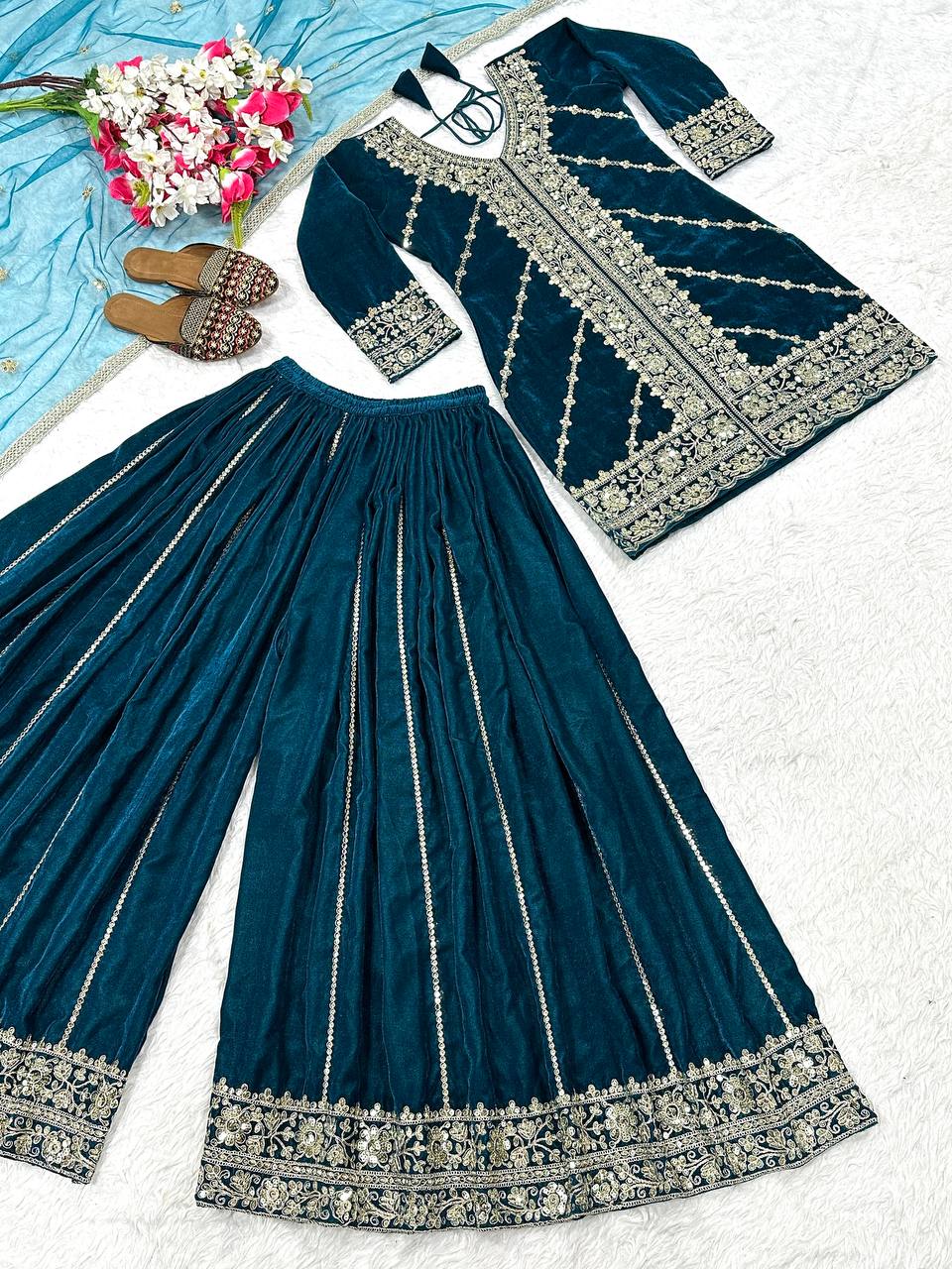 Festive Wear Teal Viscose Velvet Sharara Palazzo Suit Set
