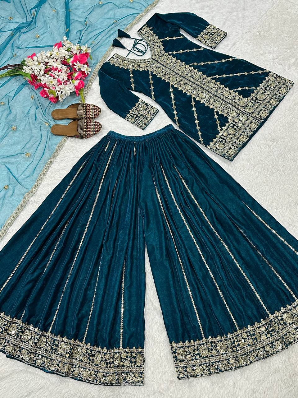 Festive Wear Teal Viscose Velvet Sharara Palazzo Suit Set