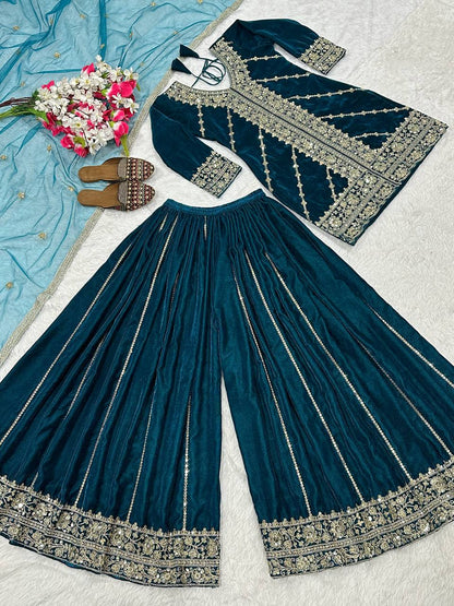 Festive Wear Teal Viscose Velvet Sharara Palazzo Suit Set