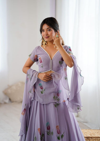 Arti Chauhan's Lavender Color Hand Painted Pure Georgette Lehenga Set
