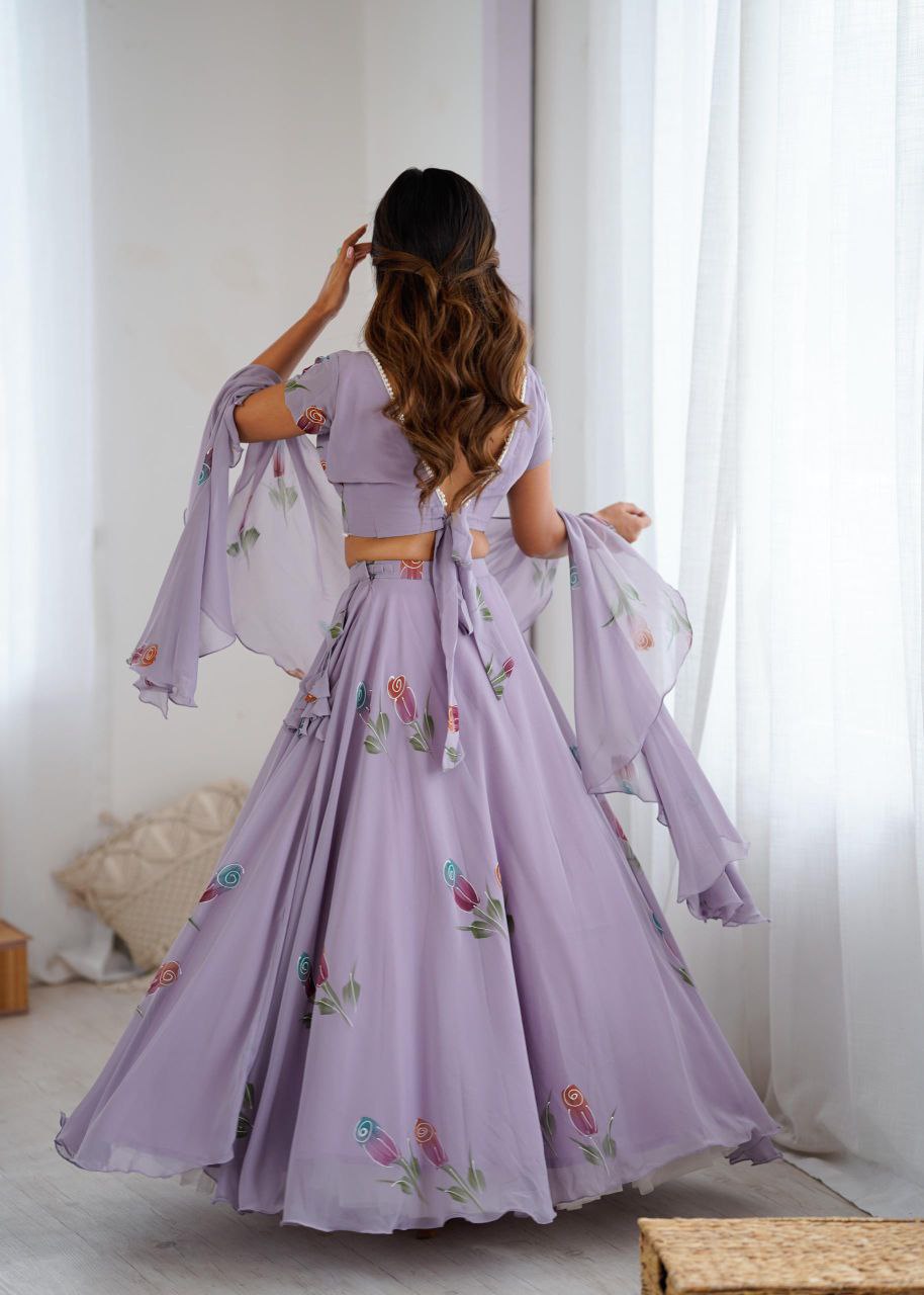 Arti Chauhan's Lavender Color Hand Painted Pure Georgette Lehenga Set