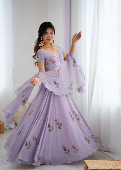 Arti Chauhan's Lavender Color Hand Painted Pure Georgette Lehenga Set