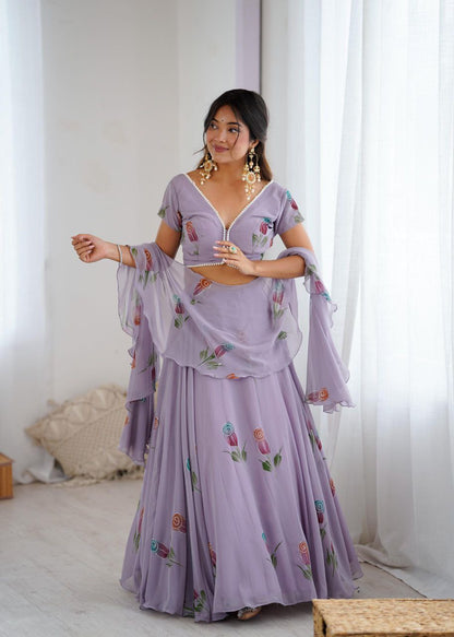 Arti Chauhan's Lavender Color Hand Painted Pure Georgette Lehenga Set