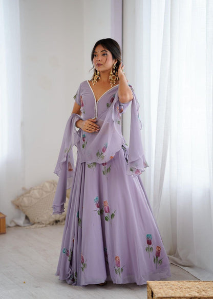 Arti Chauhan's Lavender Color Hand Painted Pure Georgette Lehenga Set