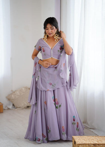 Arti Chauhan's Lavender Color Hand Painted Pure Georgette Lehenga Set