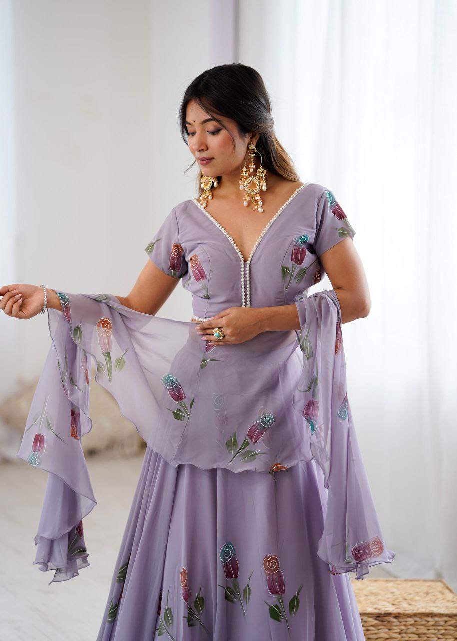Arti Chauhan's Lavender Color Hand Painted Pure Georgette Lehenga Set