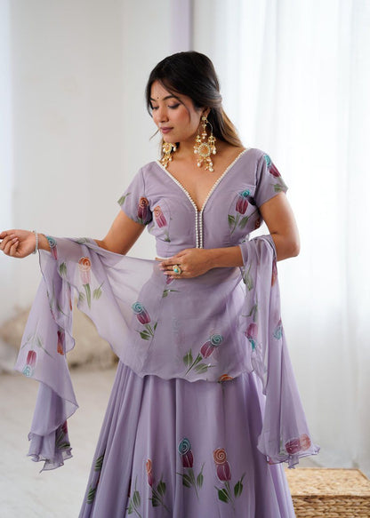Arti Chauhan's Lavender Color Hand Painted Pure Georgette Lehenga Set