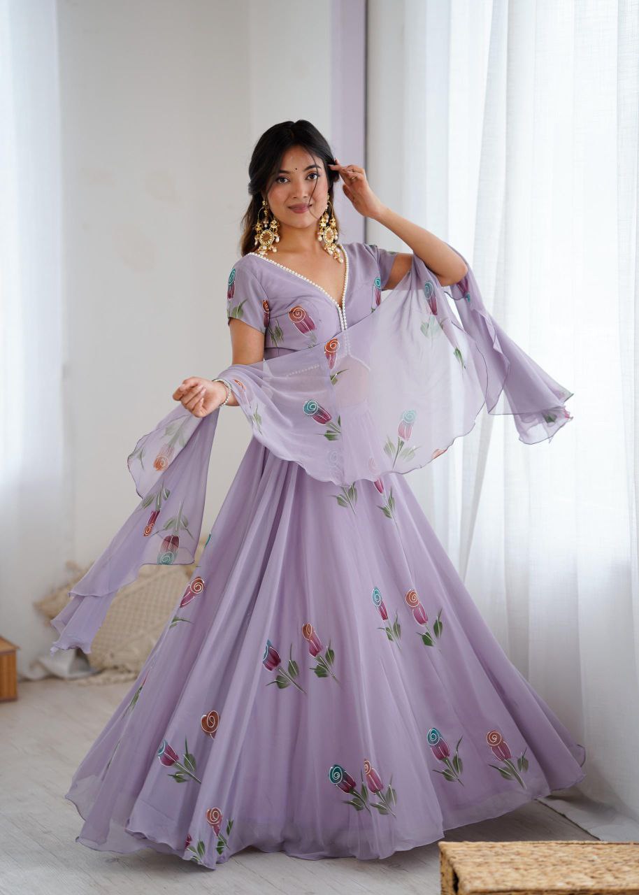Arti Chauhan's Lavender Color Hand Painted Pure Georgette Lehenga Set