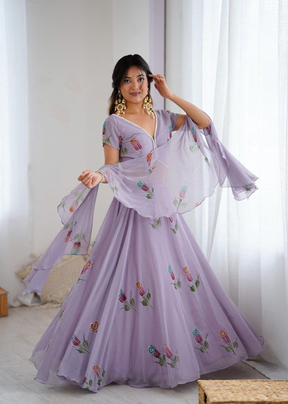 Arti Chauhan's Lavender Color Hand Painted Pure Georgette Lehenga Set