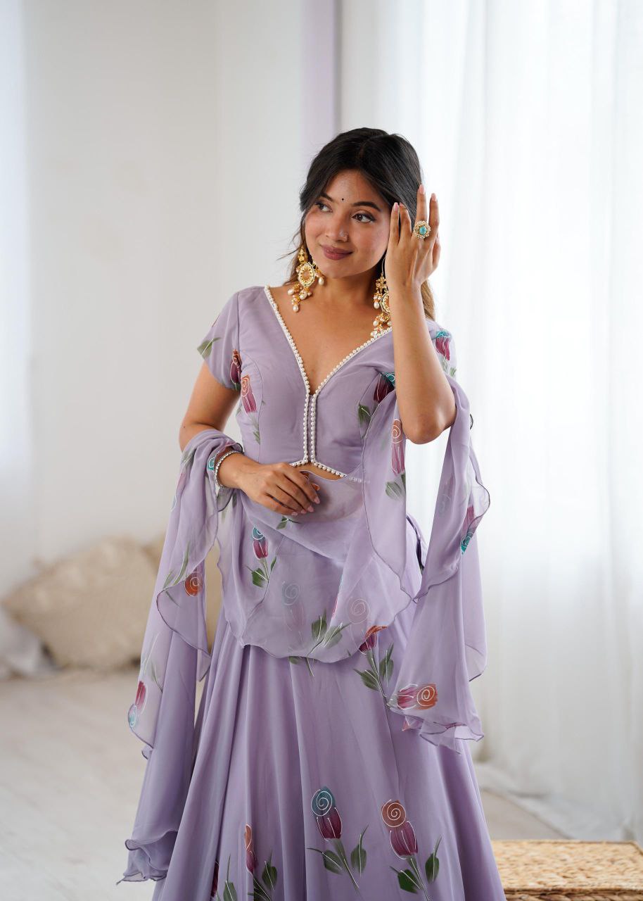 Arti Chauhan's Lavender Color Hand Painted Pure Georgette Lehenga Set