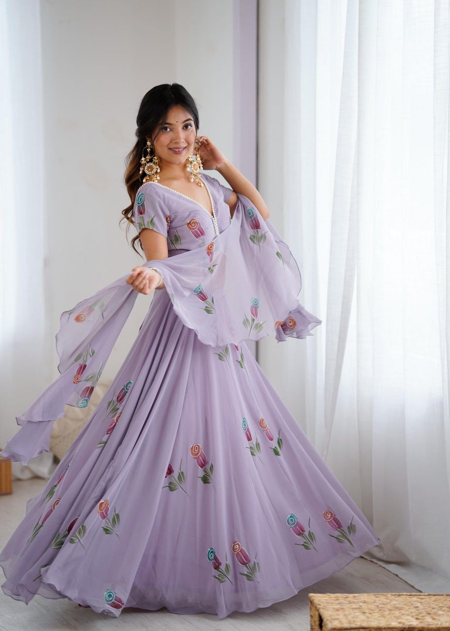 Arti Chauhan's Lavender Color Hand Painted Pure Georgette Lehenga Set