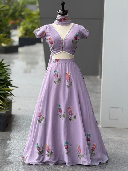Wedding Wear Lavender Color Hand Painted Pure Georgette Lehenga Set