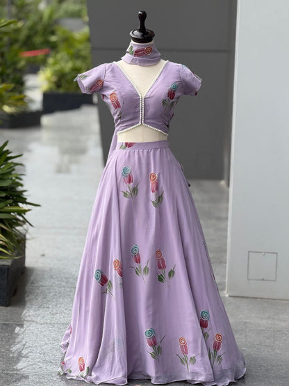 Wedding Wear Lavender Color Hand Painted Pure Georgette Lehenga Set