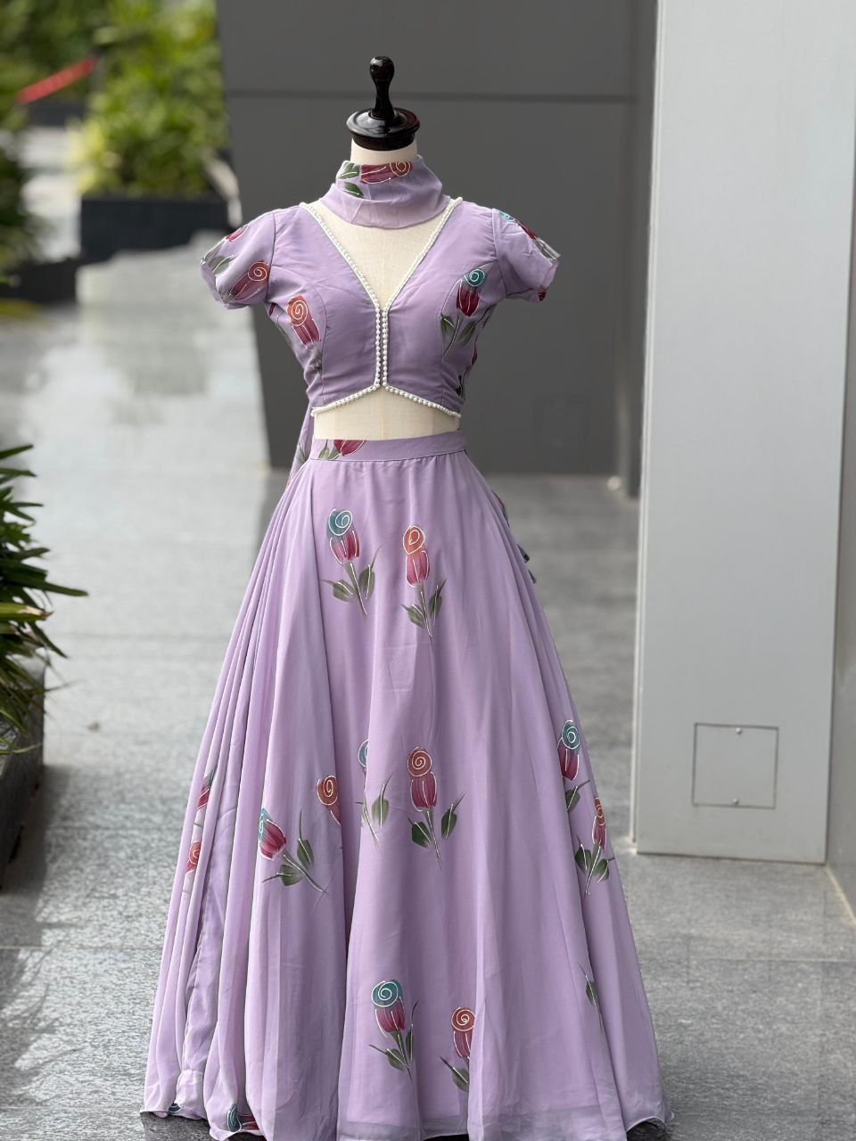 Wedding Wear Lavender Color Hand Painted Pure Georgette Lehenga Set