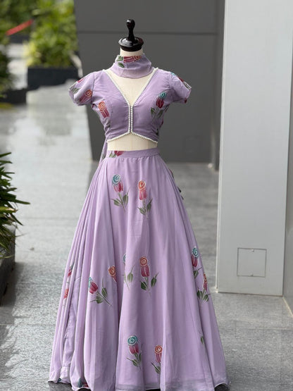 Wedding Wear Lavender Color Hand Painted Pure Georgette Lehenga Set