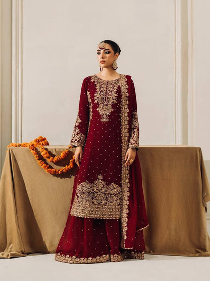 Party Wear Maroon Color Velvet Embroidered Pakistani Suit Set