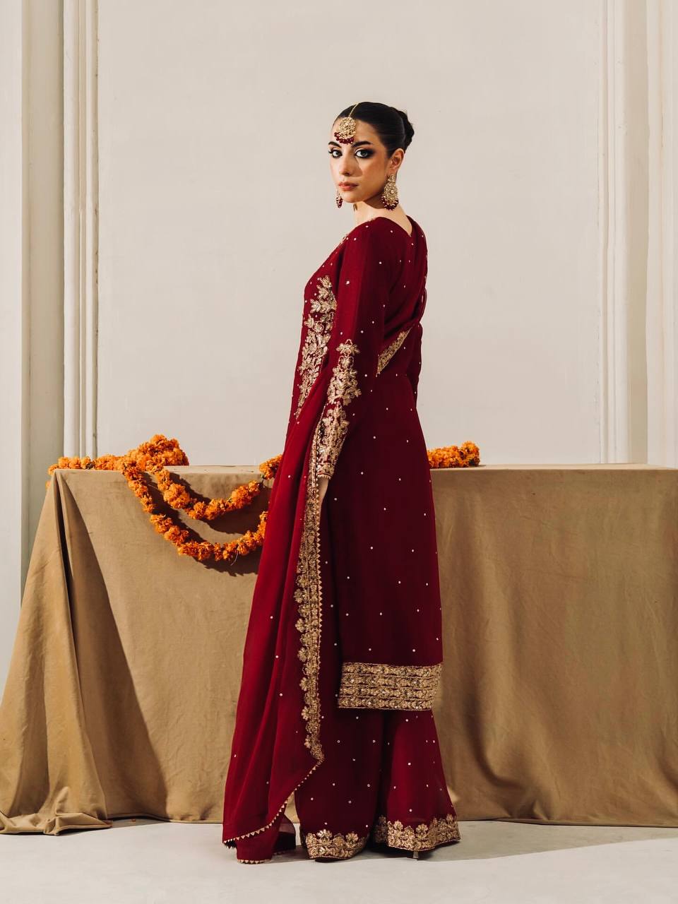 Party Wear Maroon Color Velvet Embroidered Pakistani Suit Set
