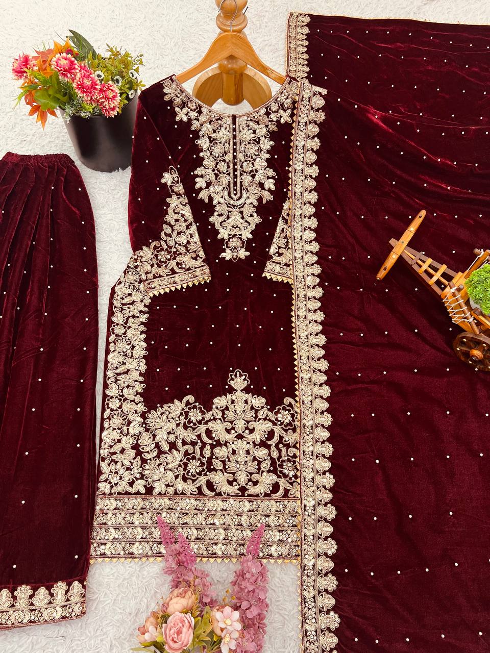 Party Wear Maroon Color Velvet Embroidered Pakistani Suit Set