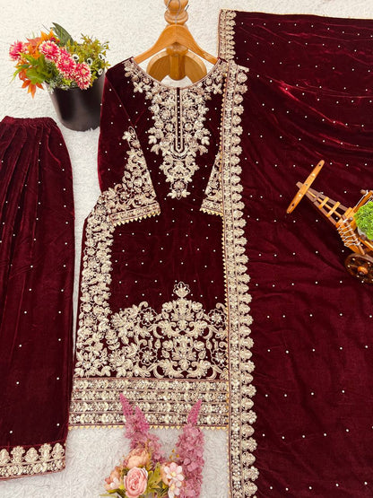 Party Wear Maroon Color Velvet Embroidered Pakistani Suit Set